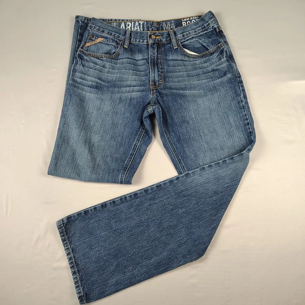 Ariat M4 Men's Low Rise Boot Cut Jeans 33x34 Distressed Blue Denim Cowboy *Read